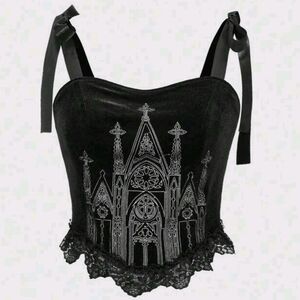 NEW Black Velvet Gothic Top with Lace Trim